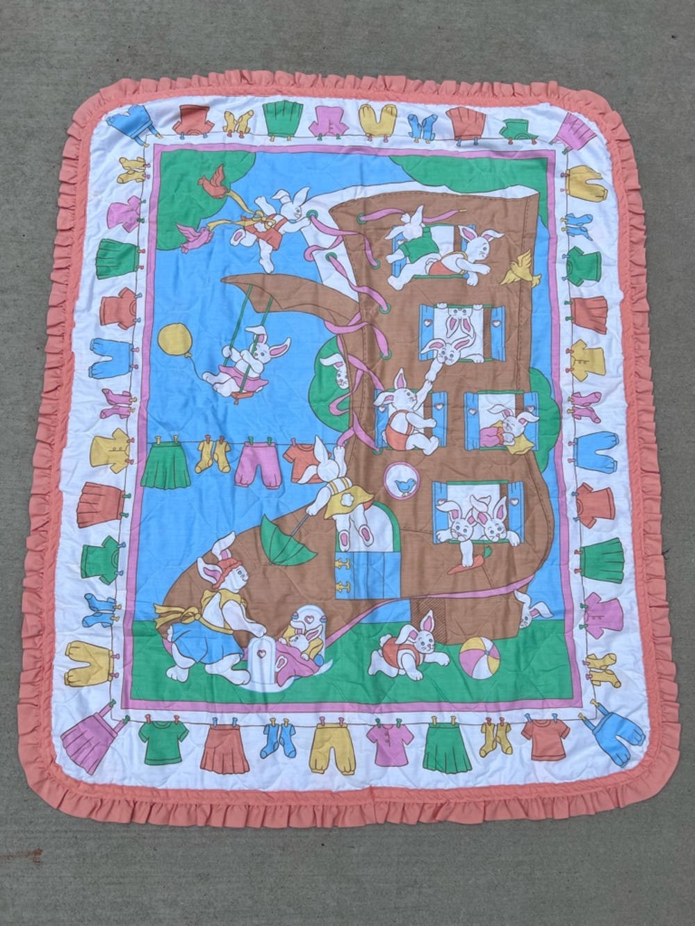 Baby Bunny Playtime Quilted Blanket - Pink Trim Vintage Style